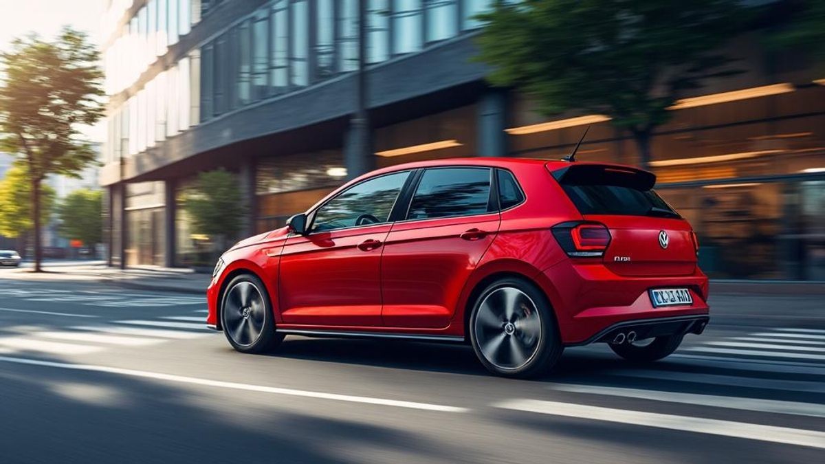 Vue latérale de la VW Polo GTI dans une scène urbaine moderne