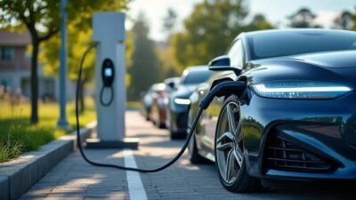 Scène futuriste de véhicules électriques en charge représentant l'importance des batteries locales pour l'énergie renouvelable.