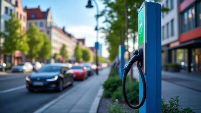Gros plan d'une station électrique avec des véhicules en charge dans une ville allemande animée.