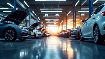 Vue large d'un garage montrant des voitures en maintenance sous un éclairage éclatant.