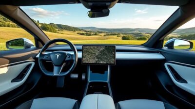 Intérieur moderne d'une Tesla avec vue sur campagne