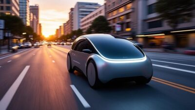 Voiture électrique autonome parcourant les rues de San Francisco au crépuscule.