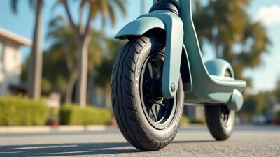 Image rapprochée d'un scooter bien conçu avec un cadre solide et des roues fluides éclairées par un soleil brillant.