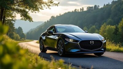 Mazda RXCoupé sur une route bordée de nature luxuriante illustrant son caractère aventureux