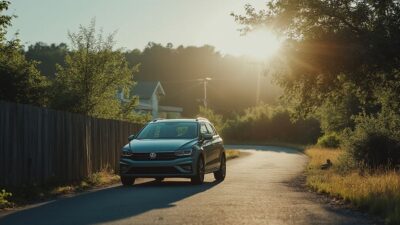 Vue extérieure avec une voiture garée dans un cadre paisible, début d'un nouveau chapitre.