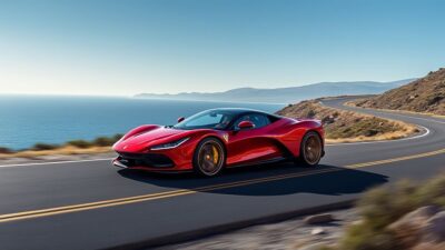 Photo dynamique de la Ferrari Luce sur une route côtière avec silhouette aérodynamique et ciel bleu