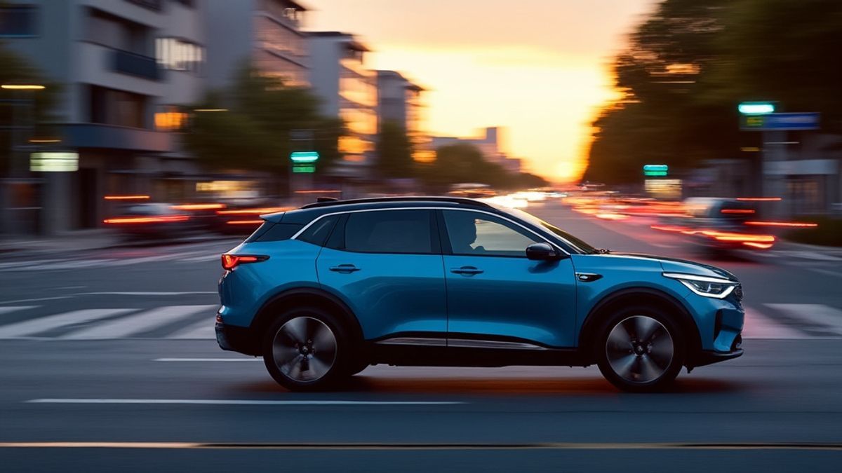 Photo de la Kia EV illuminée par des lumières douces dans une ville dynamique.
