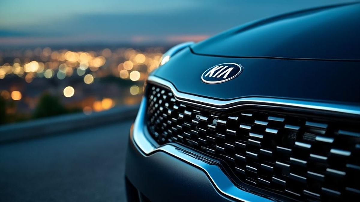 Détail du logo lumineux de la Kia Stinger avec des paysages de ville en arrière-plan