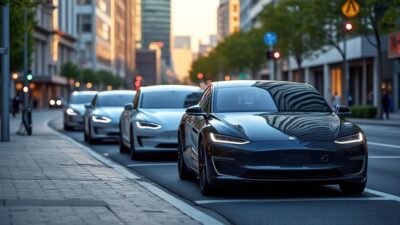 Image d'une rue urbaine moderne avec des voitures électriques garées, symbolisant l'évolution vers une mobilité durable.