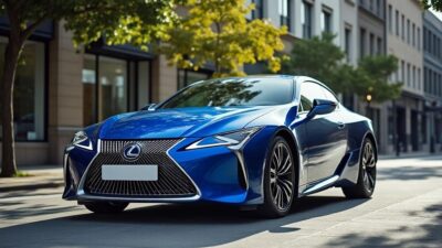 Voiture électrique Lexus dans un décor urbain, design moderne et écologique