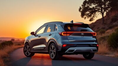 Arrière du Kia Niro illuminé devant un coucher de soleil