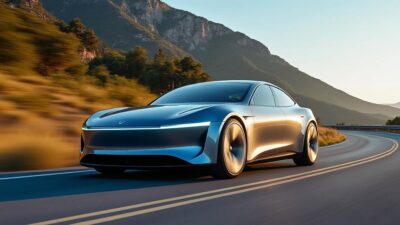 Une voiture électrique vue de côté sur une route pittoresque, montrant son design moderne et ses caractéristiques élégantes.