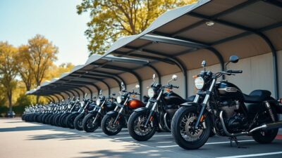 Plusieurs motos stationnées sous des abris rigides dans une aire ensoleillée.