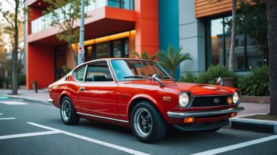 Image d'une voiture Datsun classique dans une métropole moderne