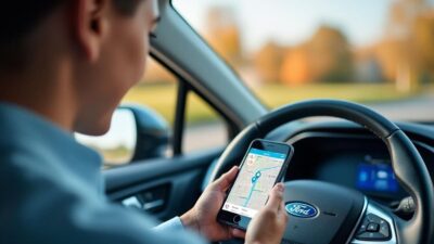 Un conducteur utilisant une application pour trouver des bornes pour Ford.