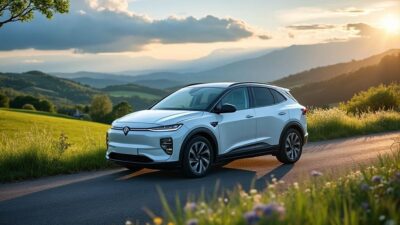 Voiture électrique dans un environnement naturel magnifique, soulignant l'engagement écologique.