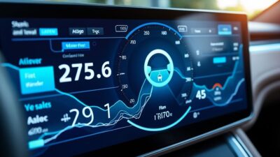 Tableau de bord d'une voiture électrique affichant des chiffres de ventes élevés