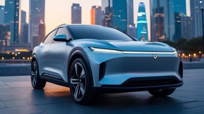 Image d'un véhicule électrique BYD avec un design épuré devant une silhouette de ville chinoise.