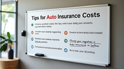 Astuces pour réduire les frais d'assurance automobile, infographie sur tableau blanc.