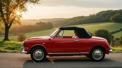 Vue latérale de la Talbot Samba Cabriolet dans une campagne française pittoresque