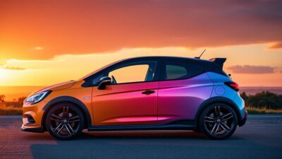 Image de l'Opel Corsa GSE électrique aux couleurs vives sous un ciel crépusculaire