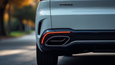 Vue arrière de la Peugeot Phase avec attention sur les feux arrière et l'échappement.