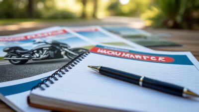 Image d'un carnet et d'un stylo sur une table avec des brochures d'assurance moto, soulignant l'importance de faire un choix avisé.