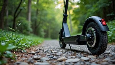 Image d'un scooter électrique sur un chemin pierreux avec une végétation luxuriante.