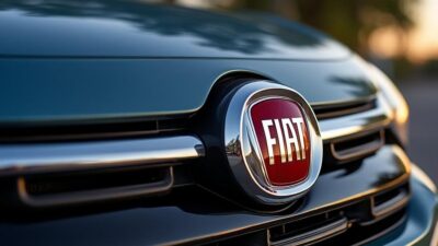 Détail de l'emblème Fiat sur une grille, reflet du style italien
