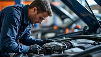 Mécanicien vérifiant le moteur avec des outils bien rangés à côté