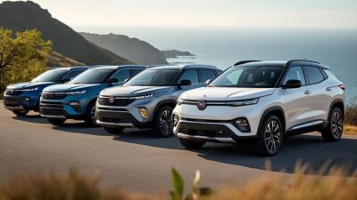 Alignement de SUVs électriques Fiat Grizzly avec vue panoramique, mettant en avant leur design compact et élégant.