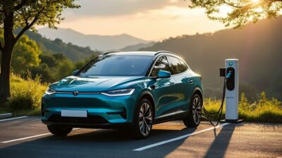SUV écologique en cours de recharge sur fond naturel