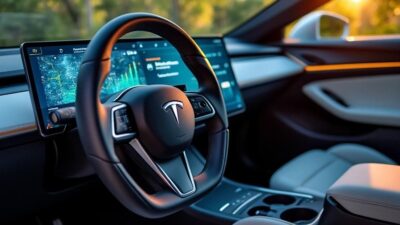 Vue rapprochée du tableau de bord d'une voiture électrique moderne avec des fonctionnalités technologiques avancées et respectueuses de l'environnement.
