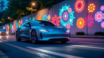 Voiture électrique avec phares illuminant un mur dans une rue vivante