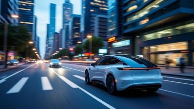 Vue urbaine à la tombée de la nuit avec des voitures électriques illuminées par l'éclairage public.
