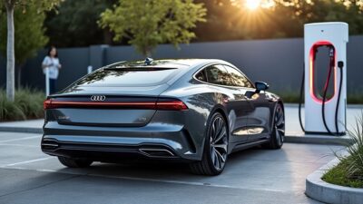 Image arrière de l'Audi Aetron connectée à une station de charge pour la mobilité écologique
