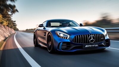 Image saisissante d'une Mercedes-AMG accélérant avec une posture puissante et un design aérodynamique.