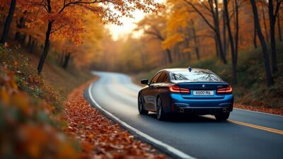 Image d'une BMW Eon vue de dos sur une route sinueuse avec un paysage automnal