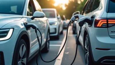 Image d'ensemble montrant plusieurs voitures électriques en cours de chargement, symbolisant l'essor des véhicules écologiques.