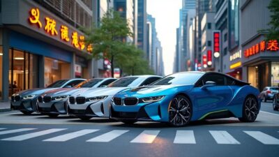 Modèles électriques BMW stationnés dans une ville chinoise animée