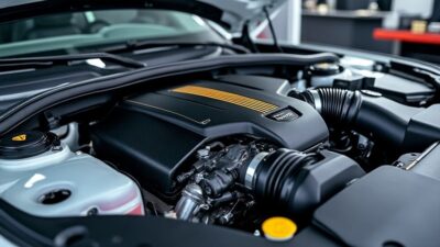 Image d'un moteur de voiture vu de côté, montrant les pièces garanties dans un atelier.