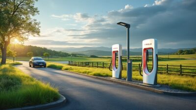 Vue d'un paysage tranquille mettant en avant les bornes de recharge électrique face aux voitures classiques.