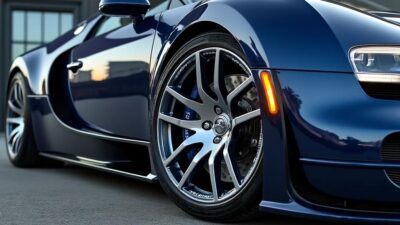 Image rapprochée de la roue de la Bugatti Veyron démontrant le soin apporté au détail et l'artisanat sous une lumière réfléchissante.