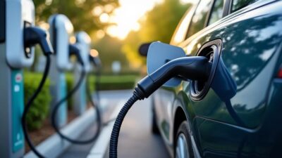Plusieurs voitures électrifiées à une borne de recharge, symbolisant l'énergie verte.