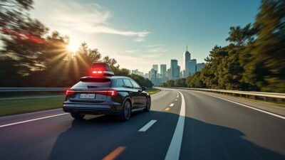 Voiture radar capturant vitesse sur route avec arrière-plan urbain
