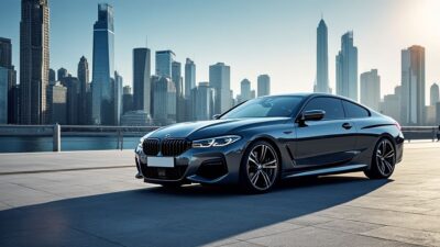 Vue de côté de la BMW i devant un panorama urbain, symbolisant son élégance moderne.