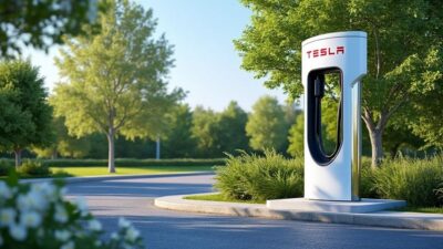 Station de recharge pour Tesla par une journée d'été calme avec des arbres verdoyants et un ciel limpide