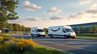 Véhicules Amazon écologiques au centre de distribution avec panneaux solaires