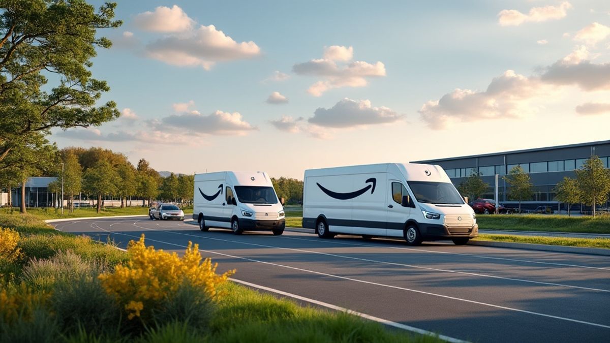 Véhicules Amazon écologiques au centre de distribution avec panneaux solaires