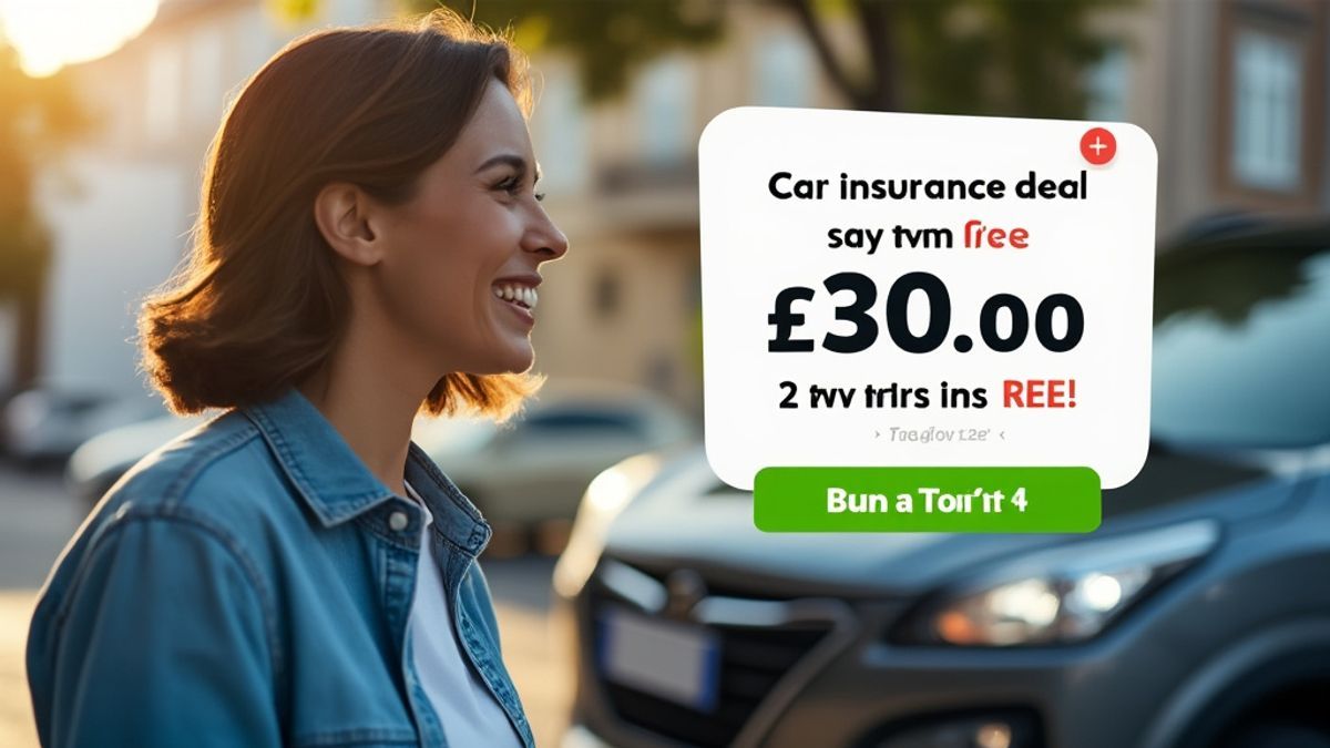 Illustration joyeuse d'une offre d'assurance auto avec économies et deux mois gratuits.